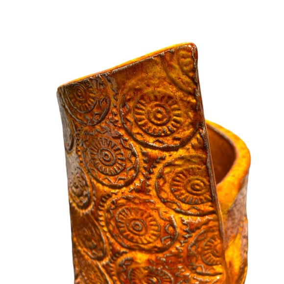 Handcrafted Pottery Vintage Planter Vase Copper Orange Abstract Mandala Pattern - Picture 10 of 13